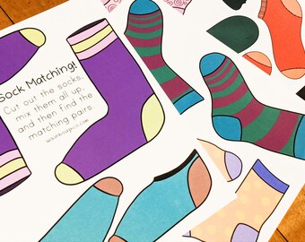 Druckbare Socken-Matching-Aktivität, Wäschespiel ausschneiden und sortieren, Vorschul-Lernspiel, Regentag-Aktivität, Lehrmittel, Kleinkind-Spiel