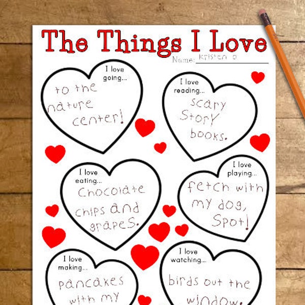 Things I Love Writing Activity, Valentine's Day Printable, Journal Prompt for Kids, Teacher Resource, Heart Coloring Download, DIY Valentine