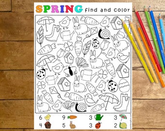 Find and Color Spring Activity, Printable Coloring Page for Kids, Seek and Find, Easter Coloring Page, Educational Activity