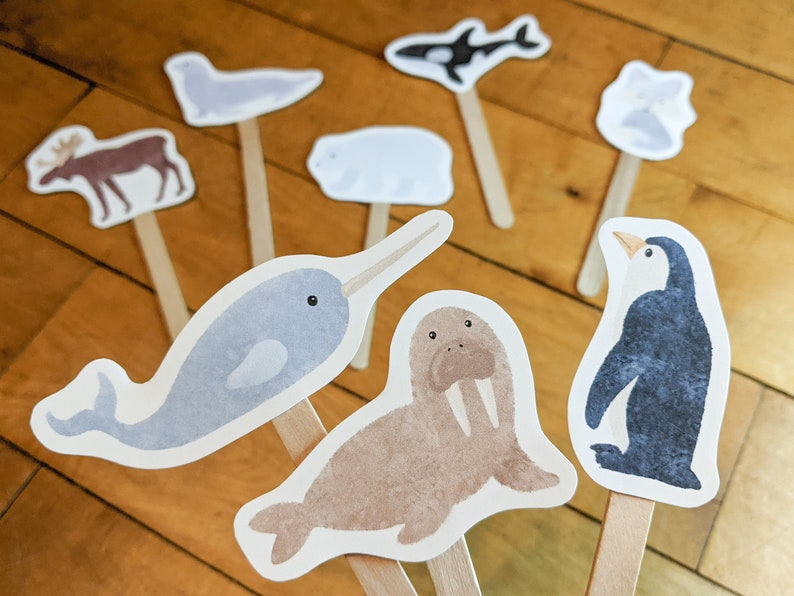 Polar Animal Puppets, Craft Stick Printable Puppets, Kids Winter Pretend Play, Arctic Activity