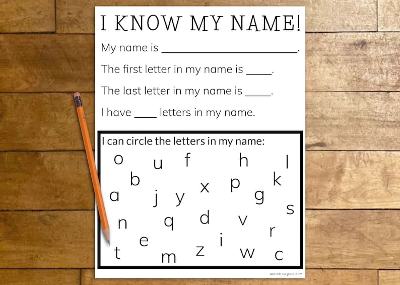 Puede incluir: Una hoja de trabajo imprimible para que los ni&ntilde;os aprendan su nombre. La hoja de trabajo tiene una secci&oacute;n para escribir su nombre, la primera letra, la &uacute;ltima letra y el n&uacute;mero de letras de su nombre. Tambi&eacute;n tiene una secci&oacute;n donde los ni&ntilde;os pueden rodear las letras de su nombre en una cuadr&iacute;cula de letras.