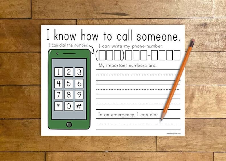 May include: A black and white printable worksheet with a cartoon phone and the text "I know how to call someone." The worksheet includes spaces to write phone numbers and practice dialing.