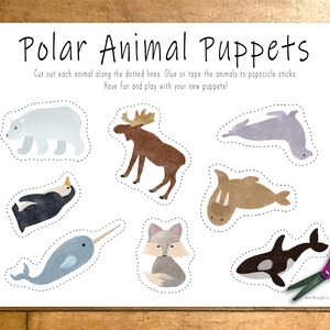 Polar Animal Puppets, Craft Stick Printable Puppets, Kids Winter Pretend Play, Arctic Activity image 2