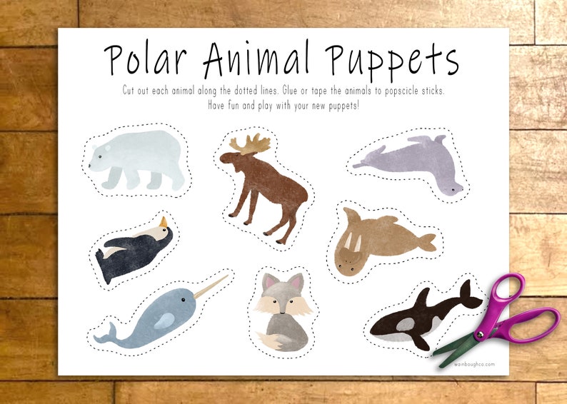 Polar Animal Puppets, Craft Stick Printable Puppets, Kids Winter Pretend Play, Arctic Activity image 2