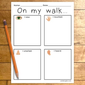Op de afbeelding: Een printbaar werkblad met de titel "On my walk..." en vier secties voor kinderen om op te schrijven wat ze tijdens een wandeling hebben gezien, aangeraakt, geroken en gehoord. Elke sectie heeft een eenvoudige illustratie van een oog, een hand, een neus en een oor.