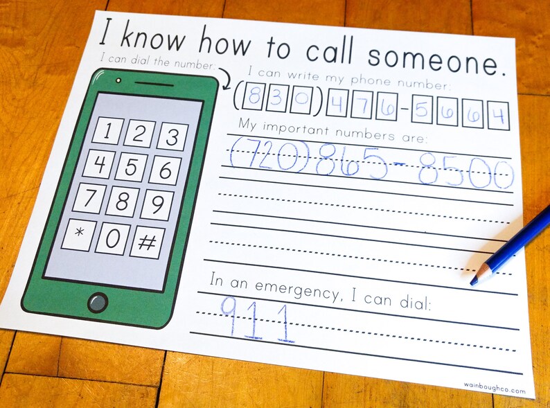 May include: A printable worksheet for learning how to call someone. It features a cartoon phone with a keypad and space to write phone numbers. The worksheet includes the text "I know how to call someone." and instructions for dialing and writing phone numbers. It also includes space to write important numbers and an emergency number.