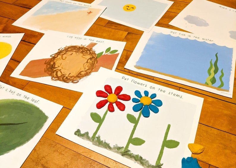 Puede incluir: Un conjunto de seis tarjetas de actividad imprimibles para ni&ntilde;os. Cada tarjeta presenta una instrucci&oacute;n simple y un espacio en blanco para que los ni&ntilde;os puedan agregar plastilina. Las tarjetas incluyen instrucciones para poner un bicho en una hoja, poner huevos en un nido, poner una concha en la playa, poner peces en el agua, hacer una nube y poner flores en los tallos.