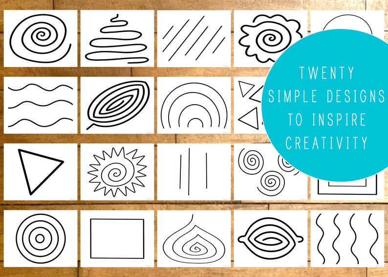 May include: A collection of twenty simple black and white designs on individual white cards. The designs include spirals, lines, and geometric shapes. A turquoise circle with white text reads "Twenty Simple Designs to Inspire Creativity."