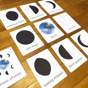 Schede flash sulle fasi lunari, attività di apprendimento dell&#39;astronomia stampabile, download per la scuola a casa dei bambini