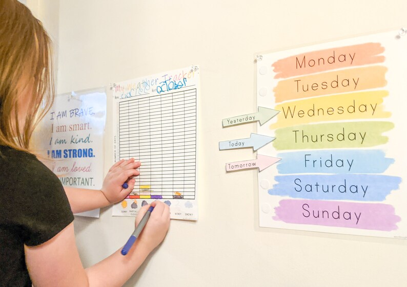 K&ouml;nnte beinhalten: Ein wei&szlig;es Diagramm mit einem Rastermuster und den Worten "Oktober" und "Wetter-Tracker" oben. Das Diagramm befindet sich an einer wei&szlig;en Wand mit einem bunten Diagramm daneben. Das bunte Diagramm zeigt die Wochentage in Regenbogenfarben. Die W&ouml;rter "Gestern", "Heute" und "Morgen" stehen auf Pfeilen, die nach links zeigen.