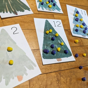 Cartões de esteira de contagem de árvores de massinha, páginas de massa de modelagem imprimíveis, atividades de Natal para crianças, artesanato pré-escolar