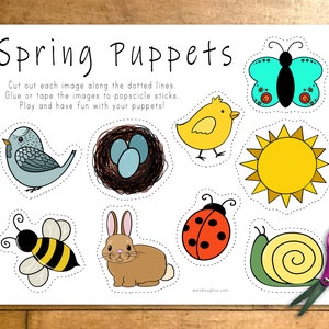 Spring Puppets, Craft Stick Printable Puppets, Kids Pretend Play, Busy Activity, Animal Puppets, Easter Printable image 2