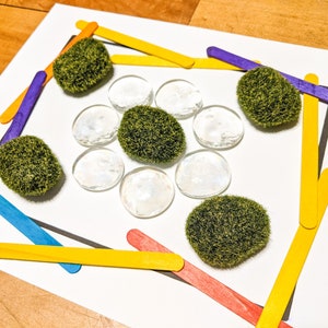 May include: An abstract composition featuring a white paper with a black border, surrounded by colorful popsicle sticks. Inside, there are clear glass pebbles and small, round, green moss-covered objects. The arrangement creates a unique visual display.