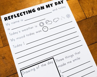 Dagelijkse afdrukbare reflectie-activiteit, hulpmiddelen voor thuisonderwijs, dagboekschrijven voor kinderen, kleurpagina downloaden