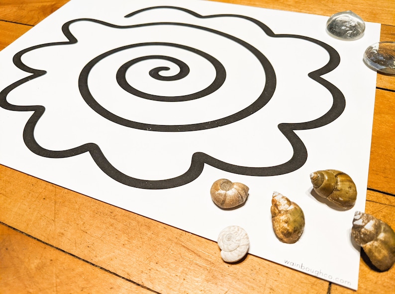 May include: A white sheet of paper with a black spiral design and several seashells. The shells are various colors and sizes. Two clear glass pebbles are also on the paper. The paper is on a wooden surface.