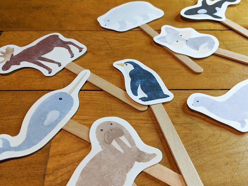Polar Animal Puppets, Craft Stick Printable Puppets, Kids Winter Pretend Play, Arctic Activity image 3