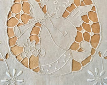Circa 1930s 2 Vintage Embroidered Decorative Angel White Linen (Part of a Set)