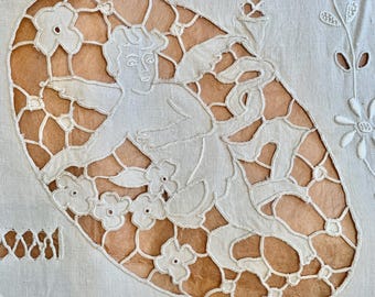 Circa 1930s Vintage Embroidered Decorative Angel White Linen  105in x 52in (Part of a Set)