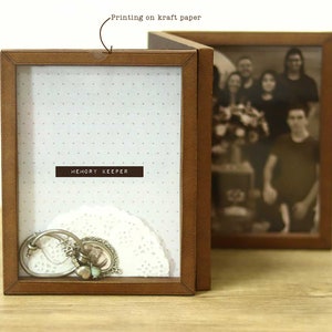 May include: A wooden picture frame with a white background and a white doily inside. The frame has a small label that says "MEMORY KEEPER". The frame is open and there are small silver charms inside. The frame is sitting on a wooden table.