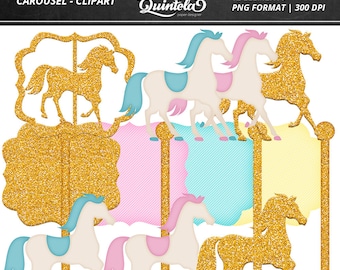 May include: A set of 12 digital clipart images of a carousel with gold glitter accents. The carousel features horses in various colors, including pink, blue, and white. The horses are standing on a gold glitter base with a gold glitter pole. The images are in PNG format and are 300 DPI.