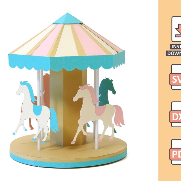 3D Karussell - Schneidedatei für Papierkunst - Zirkus Thema Park Thema Pferd Spielzeug Ponny SVG Silhouette Cricut Nilmara Quintela