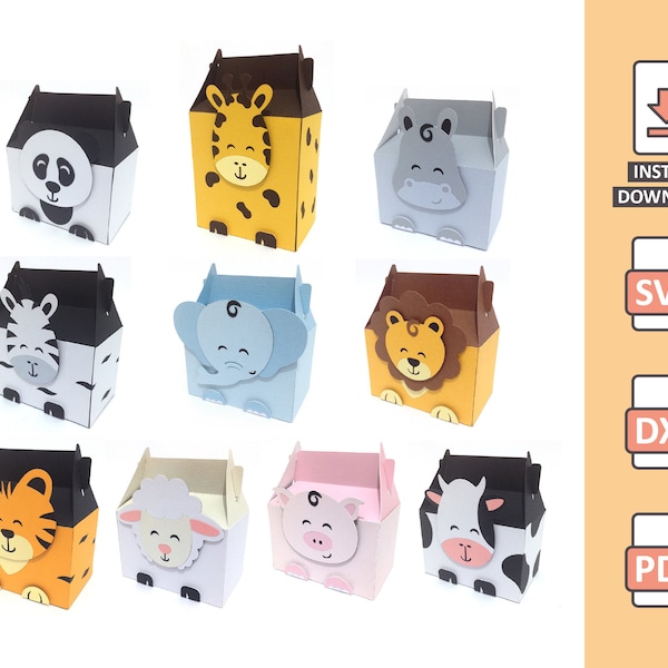 Animal Pack - 3D Animal Candy Box Projekte Schneidedateien für Papercraft - Löwe Giraffe Panda Nilpferd Zebra Elefant Tiger Schwein Kuh Schaf svg