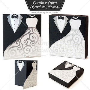 Kaart en doos bruidegom en bruid Pack - 3D-doos en 2D-uitnodiging voor bruiloft - bruidsmeisje zwart wit project handmatig knippen schroot papercraft svg