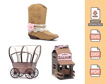 Cowgirl Pack - 3D projects for manual cut or machine cutting files country theme - Cowgirl cowboy milk saloon boot country cart svg Nilmara