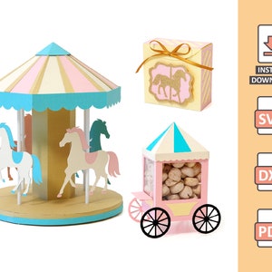 Carousel Pack - 3D Cutting File for papercraft - Circus Theme, Popcorn Cart, Horse Box, Caroussel Box svg Nilmara