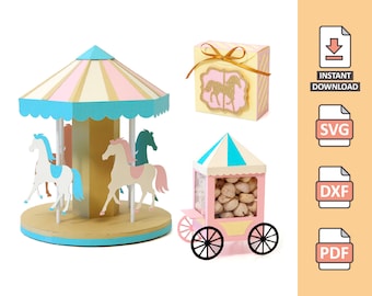 Carousel Pack - 3D Cutting File for papercraft - Circus Theme, Popcorn Cart, Horse Box, Caroussel Box svg Nilmara