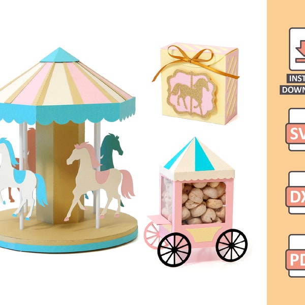 Carousel Pack - Fichier de découpe 3D pour l’artisanat du papier - Thème de cirque, Chariot à pop-corn, Boîte à chevaux, Boîte à caroussel svg Nilmara
