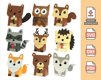 Woodland Animals Pack - 3D Animal Candy Box projects cutting svg files papercraft - squirrel bear owl beaver fox wolf deer raccoon hedgehog