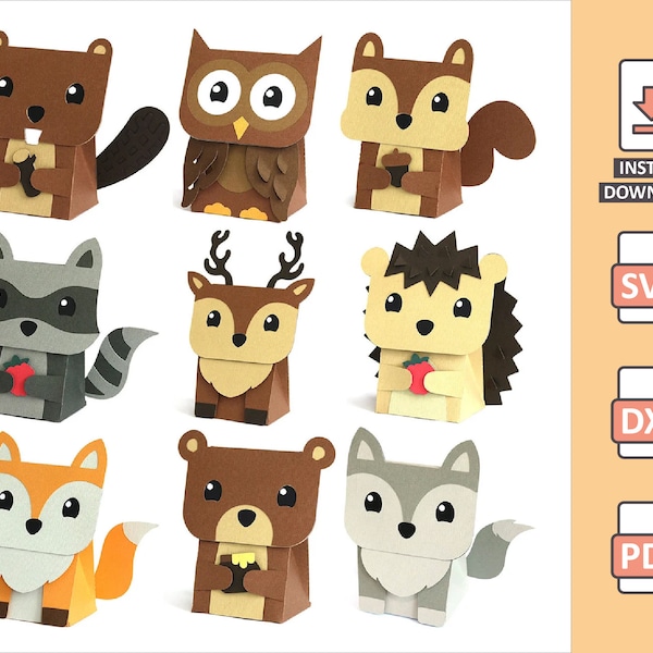 Waldtiere Pack - 3D Animal Candy Box Projekte Schneide svg Dateien Papierarbeit - Eichhörnchen Bär Eule Biber Fuchs Wolf Reh Waschbär Igel