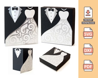 Card and Box Groom and Bride Pack - 3D box and 2D invitation for wedding - bridesmaid black white project manual cut scrap papercraft svg