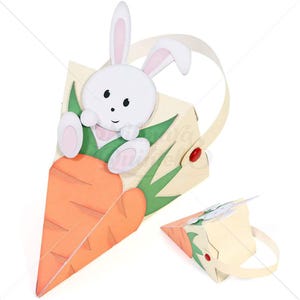 Créations en papier de lapin dans une boîte de carottes - modèle 3D de boîte à bonbons chocolat Pâques svg silhouette cricut téléchargement immédiat Nilmara Quintela