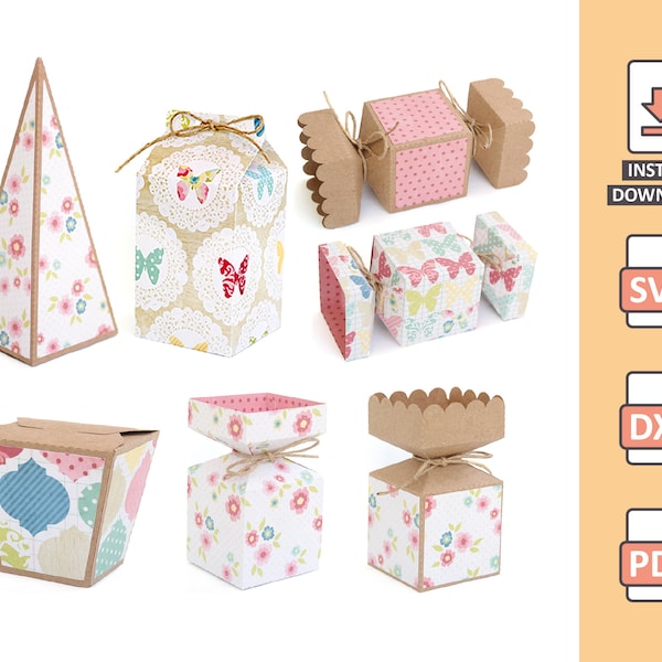 Basic Boxes Pack - 3D project for papercraft, pyramid candy milk sushi box - cutting files for manual or machine work scrap svg