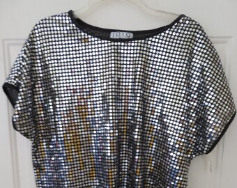 Vintage Retro Disco Silvertone Sequin Top Blouse, Retro Clothing with tags, Sequin shirts,  tops, gift for her, disco dancing, birthday gift