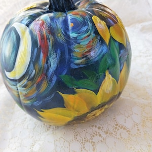 Pumpkin painted Sunflower Van Gogh style "Starry Night" Acrylic painted foam plastic pumpkin, year round pumpkin, artsherpa  halloween