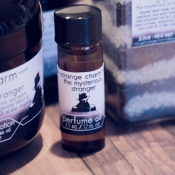 The Mysterious Stranger Perfume Oil, men's fragrance, indie perfume, black musk, patchouli, cinnamon, lilac fougere, smoky, Halloween, goth