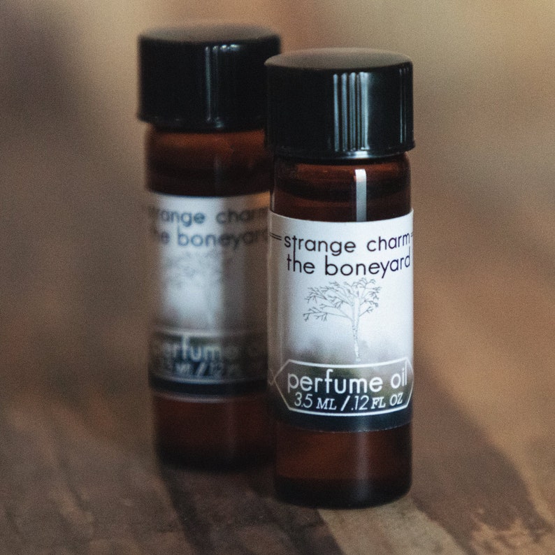 The Boneyard Perfume Oil, fall gift, autumn scent, indie fragrance, indie perfume, tree, leaves, nature, sandalwood, blood, Halloween, goth image 1