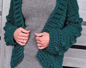 Dark green knitted cardigan Crochet bomber jacket for women Oversized sweater Crochet cardigan Boho jacket Chunky sweater - Ready to ship
