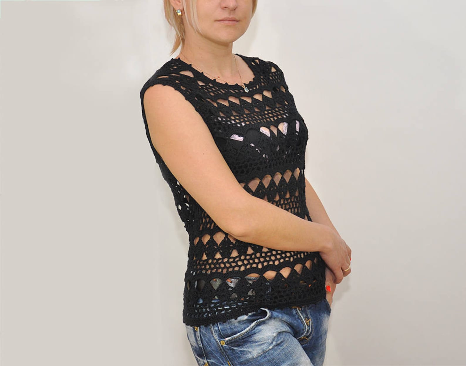 Black Crochet Top Boho Lace Crochet Black Top Hippie Vest Etsy