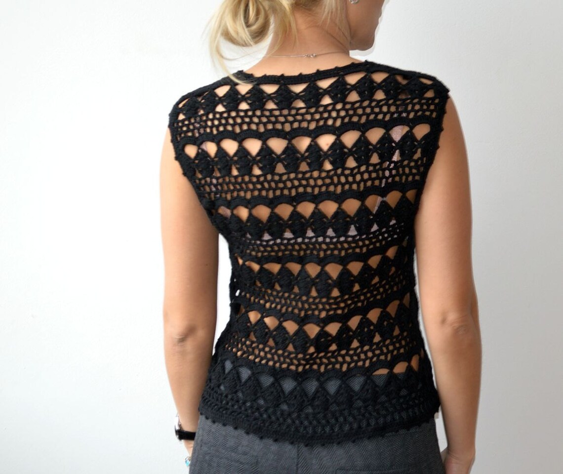 Black Crochet Top Boho Lace Crochet Black Top Hippie Vest Etsy