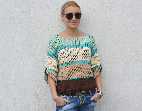 Summer Crochet Sweater Knitted Jumper Cotton Sweater Crochet Pullover Boho  Sweater Cream Pullover Knitting Women's Sweaters Mint Jumper 