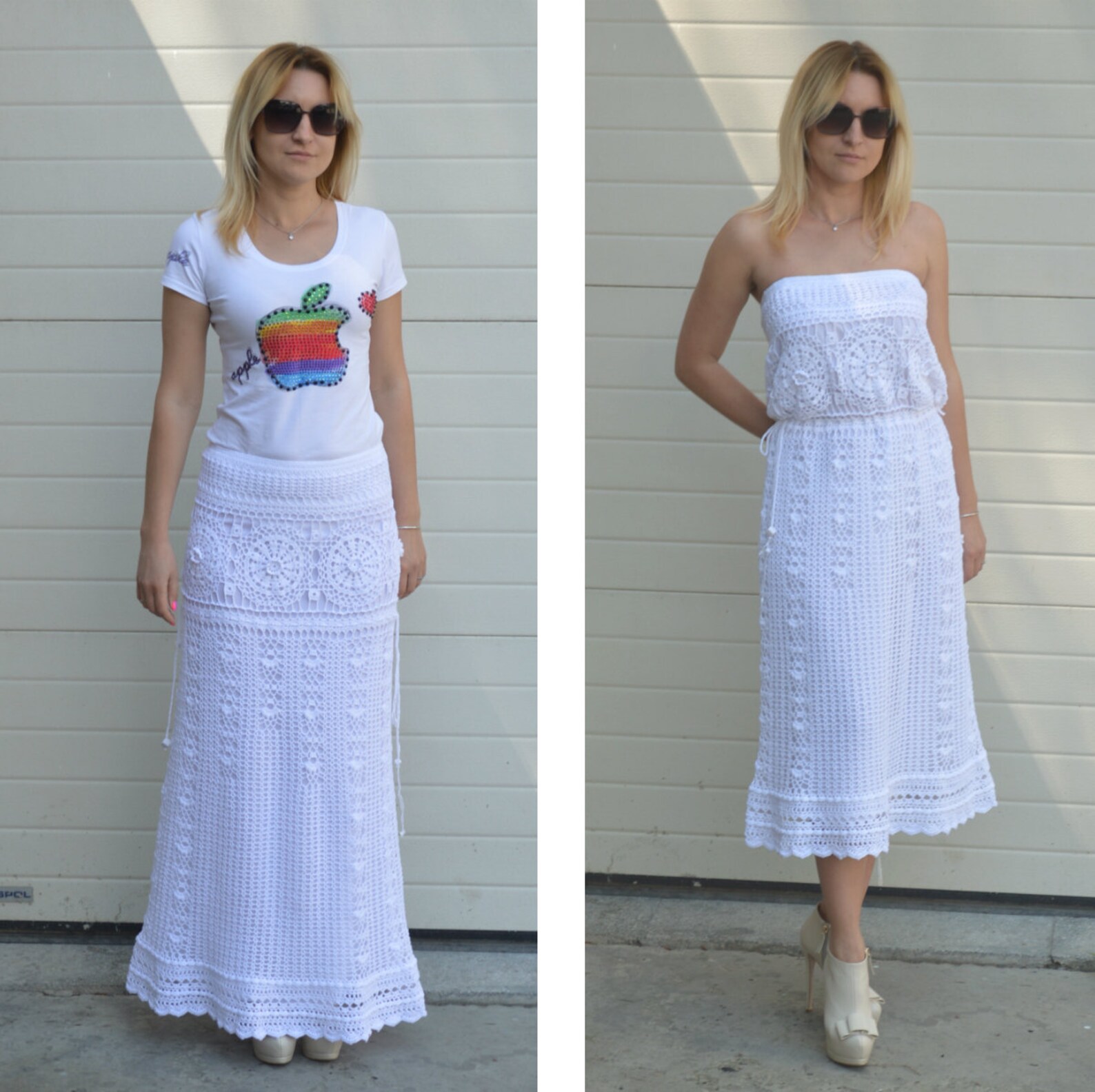 White Tiered Lace Crochet High Waist Maxi Skirt