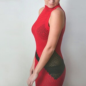 Crochet mini dress Stretch lace dress Summer dress Red and Black Elastic dress Geometric dress Knitted mini dress