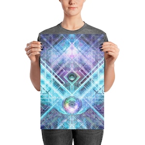 May include: A poster with a geometric design in shades of blue, purple, and white. The artwork features intersecting lines, diamond shapes, and a central circular element with a floral pattern. The overall aesthetic is futuristic and abstract.