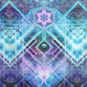 May include: Abstract geometric pattern with a blue, purple, and pink color scheme. The design features a central eye-like shape surrounded by a series of overlapping squares and diamonds.