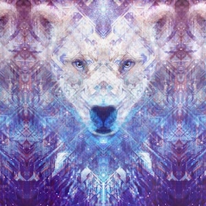 May include: A digital art print of a wolf's face with a geometric pattern in shades of blue, purple, and white.