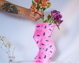 Pink retro printed fabric vase, Contemporary textile vase, Modern home decor